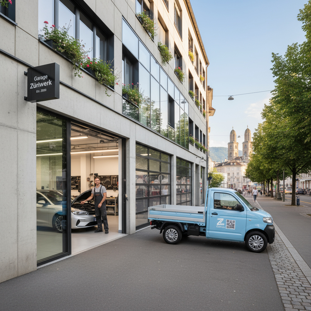 Zürcher Werkstatt – Außenansicht mit Techniker und Lieferfahrzeug
