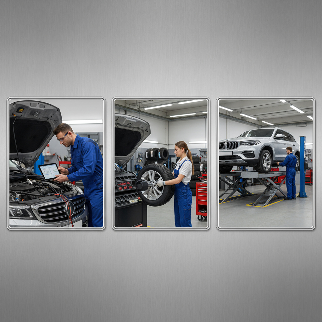 Werkstatt‑Collage: Diagnose, Reifenservice, Fahrzeug auf Bühne
